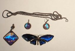 Silver brooch modelled as a butterfly, the wings set with butterfly wings, another butterfly wing
