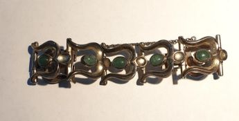 Arts & Crafts style silver and green hardstone bracelet, probably Scandinavian, comprising seven