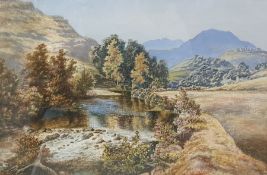 Unattributed Pair of watercolours  Rural scenes with barns and mountains and river and mountains,