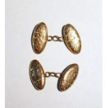 Pair 9ct gold double-oval and chain cufflinks, each foliate engraved, approx 5g total