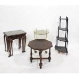 Two nests of three tables, a corner waterfall whatnot, a glass and brass tea trolley and an