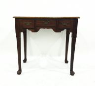 18th century fruitwood lowboy, the rectangular top with moulded edge, above three drawers,