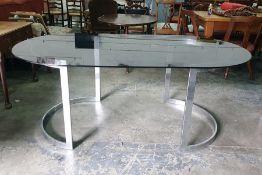 1970's designer glass topped boardroom table on curved chrome end supports and six button-back brown