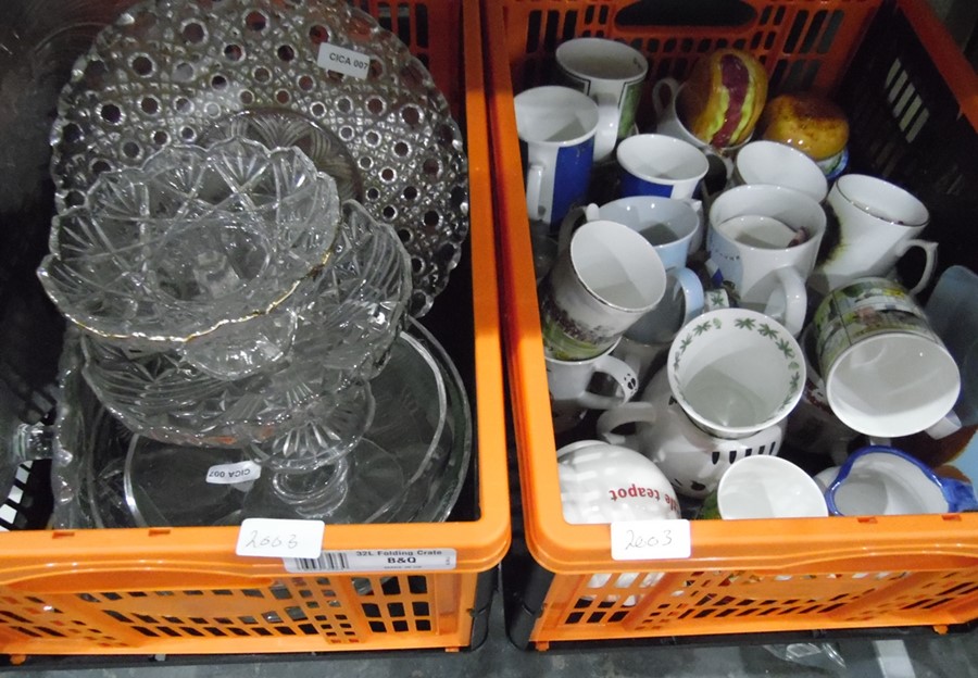 Assorted glass tazzas/cake stands and ceramic mugs (2 boxes)