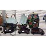 Bakelite dial telephone converted to modern day use and a pair of Chinese style large urns with