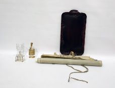 Eastern carved lacquered tray, a glass bottle with