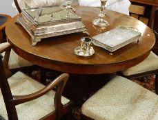 Victorian mahogany breakfast table, circular on hexagonal column, concave triangular base, bun feet,