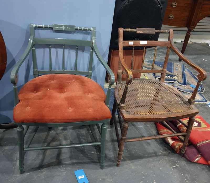 Pair of 19th century carver chairs, one painted grey, both with cane seats, turned front legs and