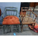 Pair of 19th century carver chairs, one painted grey, both with cane seats, turned front legs and