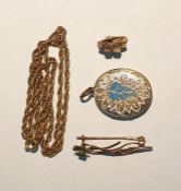 9ct gold and green enamel bar brooch, 9ct gold chain necklace and a gold plated and blue and white