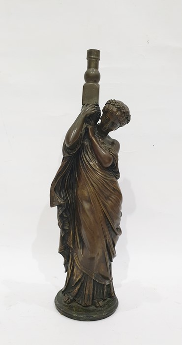 20th century bronze table lamp, the body modelled as lady classically robed carrying urn upon her