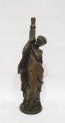 20th century bronze table lamp, the body modelled as lady classically robed carrying urn upon her