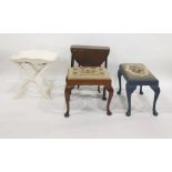 Two needlework topped stools raised upon cabriole supports, a cream painted butler's tray and a