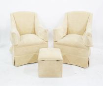 Pair of 20th century yellow upholstered armchairs on oak straight supports and castors and
