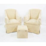 Pair of 20th century yellow upholstered armchairs on oak straight supports and castors and