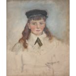 19th century English school  Oil on canvas  Study of girl in black hat, white shirt, black stock,