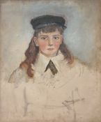 19th century English school  Oil on canvas  Study of girl in black hat, white shirt, black stock,