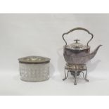 Electroplated teapot on stand and a cut glass bowl with electroplated lidded top, of oval form (2)