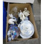 Assorted ceramics including swan vases, a blue and white flower planter, glassware, etc (1 box)