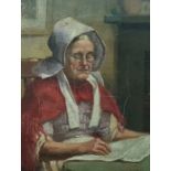 J F Jones Oil on board  Study of lady in white bonnet, red shawl, reading paper, signed lower right,