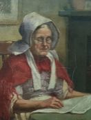 J F Jones Oil on board  Study of lady in white bonnet, red shawl, reading paper, signed lower right,