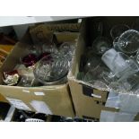 Two boxes of glassware including wines, vases and a modern wooden letter rack