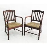 Pair of 20th century mahogany framed armchairs, the slat backs above needlework upholstered seats,