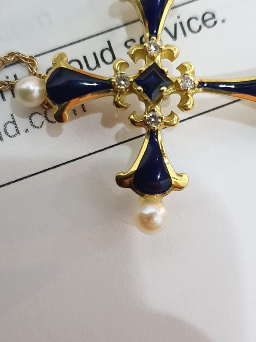 18ct gold enamel sapphire and diamond and pearl cr - Image 3 of 4