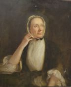 19th century English school  Oil on canvas Half-length portrait study of lady in white cap, shirt