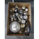 Silver plated serving dish, assorted silver plated hot water jugs, condiments, etc