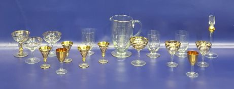 Assorted glassware mostly gilt band decorated, to include jug, champagne bowls, etc (17)