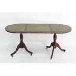 20th century coffee table with green leatherette inset top, on twin pedestal supports, 121cm x 53cm