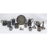 Victorian silver plated four-piece tea set with engraved decoration, a pair of candlesticks and