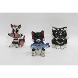 Three pottery models of cats by Lorna Bailey including 'Caterina', 'Pikey' and 'Marvin', all signed