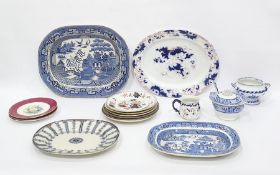 Large Victorian blue and white meat dish decorated in the 'Willow' pattern, a Burleighware blue