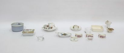 Coalport white glazed porcelain basket encrusted with flowers, a set of four Royal Crown Derby