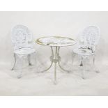 Painted metal circular garden table with two matching chairs (3)