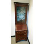 19th century mahogany and satinwood banded bureau bookcase with ogee moulded pediment above the