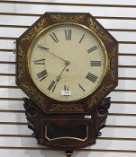 Early 19th century brass inlaid mahogany drop dial wall clock, the octagonal face with pierced brass