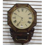 Early 19th century brass inlaid mahogany drop dial wall clock, the octagonal face with pierced brass