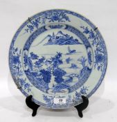 Chinese blue and white porcelain plate painted with river landscape floral border with chips to