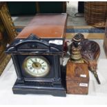 19th century mahogany, boxwood and ebony strung tea caddy, a pair of bellows, a table lamp, a mantel