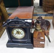 19th century mahogany, boxwood and ebony strung tea caddy, a pair of bellows, a table lamp, a mantel