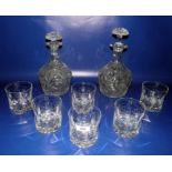 Set of six cut glass heavy tumblers with ovolo decoration and two cut glass spirit decanters (8)