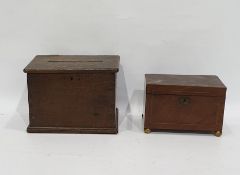 19th century mahogany tea caddy raised upon brass ball feet and an oak lift-top box with letter slot