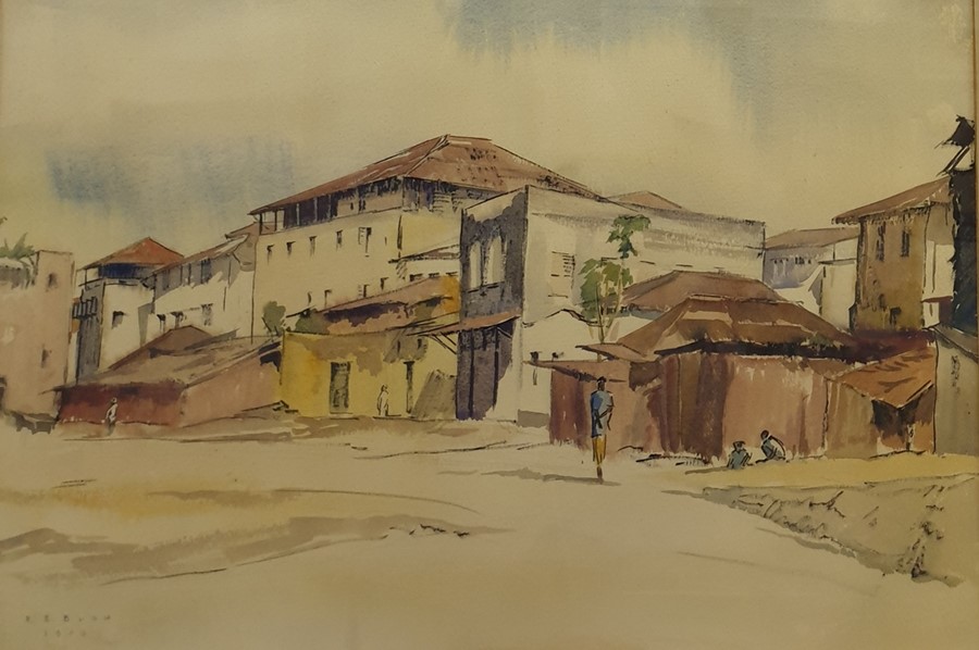 Watercolour drawing R E Bush Old Houses Zanzibar Rowena E Bush signed and dated 1960