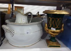 A large white ceramic basin with handles and gilt decoration to rim with a matching ewer, another