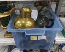 Pewter hot water jug, a copper jug, a park paraffin lamp, a seashell with faux flower decoration etc