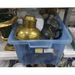 Pewter hot water jug, a copper jug, a park paraffin lamp, a seashell with faux flower decoration etc