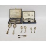 Pair of Georgian London silver tablespoons, pair of silver teaspoons, pair of silver sugar tongs,